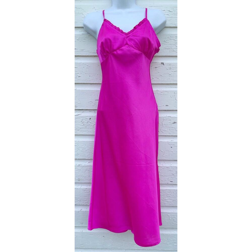 JAPNA Slip Dress Womens XS Neon Hot Pink Ruffle Top Satin Side Slit Y2K Strappy